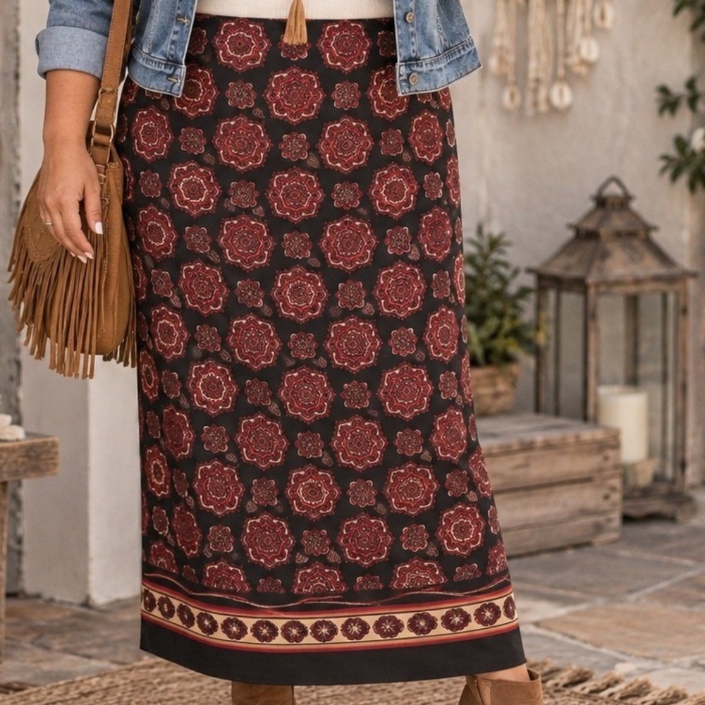 Notations Woman 2X Maxi Skirt Red Black Mandala Boho Medallion Print Plus Size